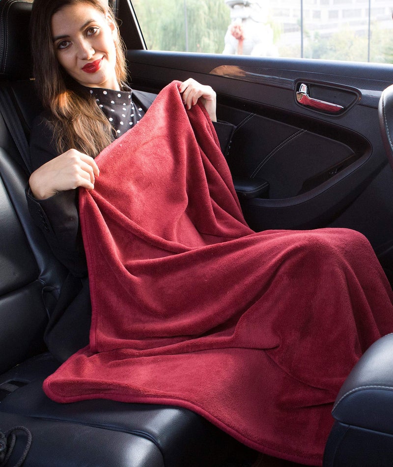 BlueHills Premium Soft Travel Blanket Pillow Airplane Blanket Packed in Soft Bag Pillowcase with Hand Luggage Belt and Backpack Clip, Compact Pack Large Plane for Any Travel (Red T001) - Image 4