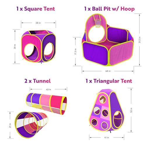 Playz 5pc Kids' Play Tents & Tunnels - Ball Pit for Toddlers, Basketball Hoop, Crawling Tubes, Pop-Up Playhouses, Baby Obstacle Course for Indoor or Outdoor Use - Image 2