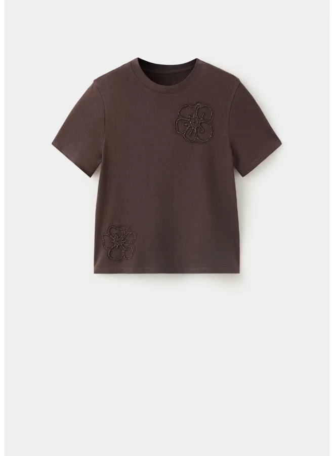 Mango 30-MARRON Cotton T-Shirt With Floral Embroideries for Women | Best Price UAE