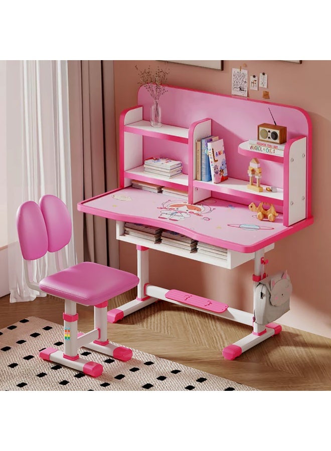 Generic Kids Study Desk and Chair Set, Ergonomic Student Writing Desk Study Table with Bookshelf and Storage Drawer for Home Learning, Height Adjustable, Space Theme, RB-86 (Pink)  - Image 1