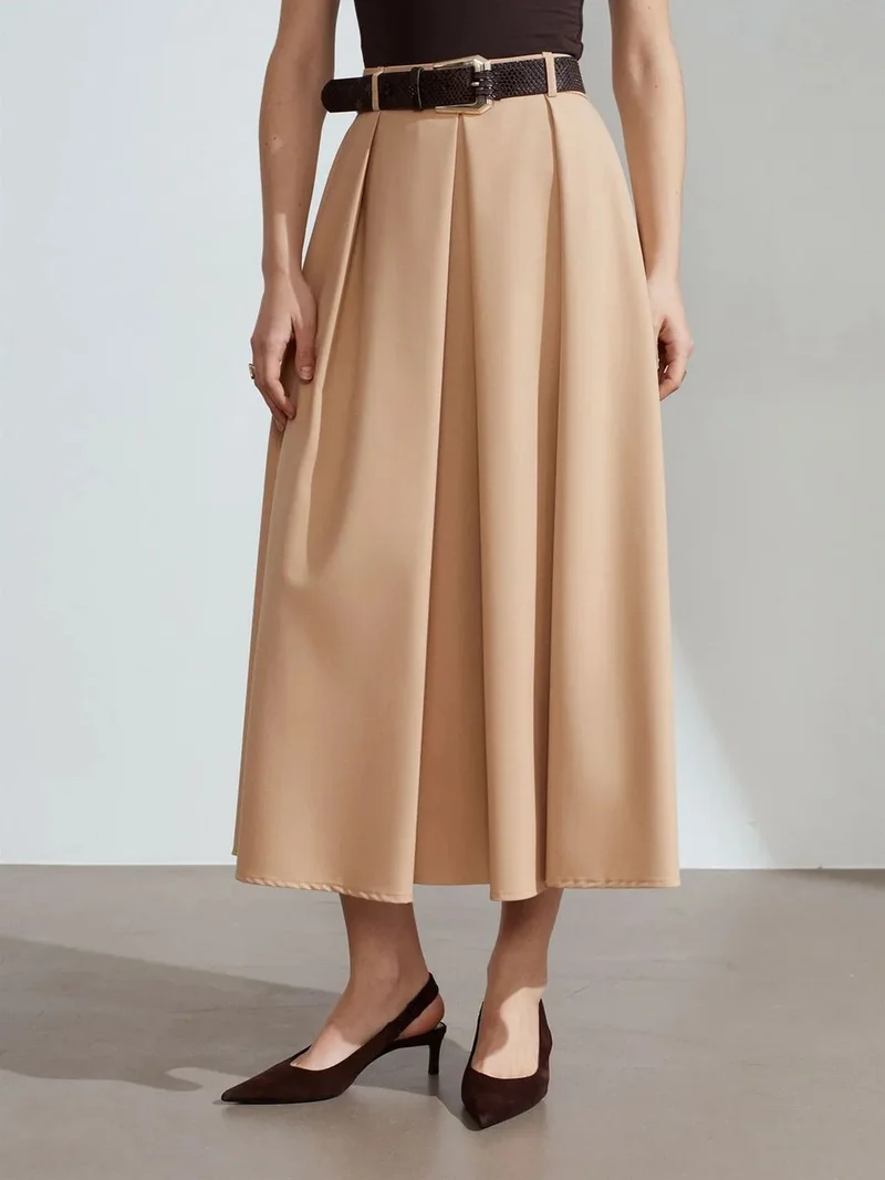 ديلفين Dilvin High-Waist Midi Straight Crepe Skirt