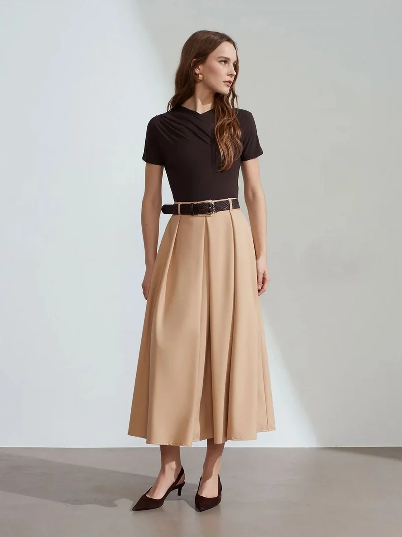 ديلفين Dilvin High-Waist Midi Straight Crepe Skirt