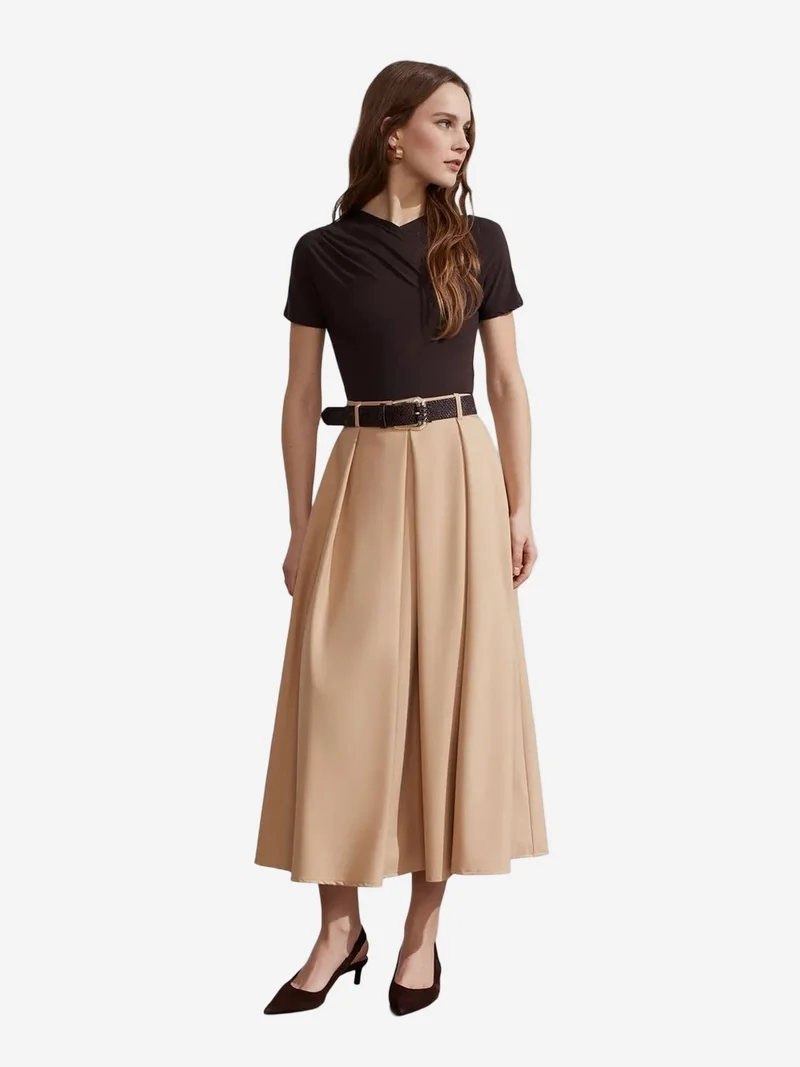 ديلفين DILVIN High-Waist Midi Straight Crepe Skirt