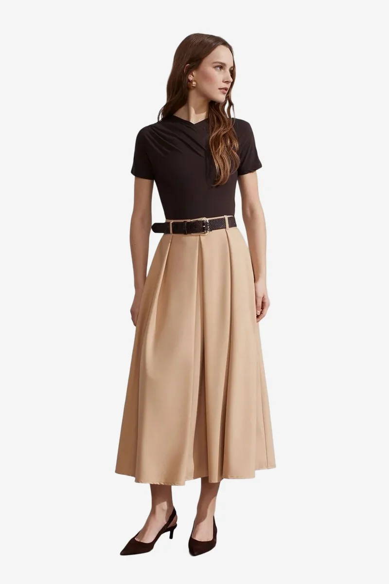 ديلفين DILVIN High-Waist Midi Straight Crepe Skirt