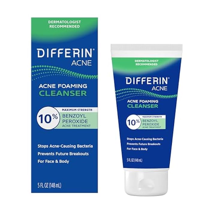 Differin Acne Face Wash with 10% Benzoyl Peroxide, Maximum Strength OTC Acne Foaming Cleanser, Fast Acting Acne Treatment for Face and Body, 5 oz. - Image 1