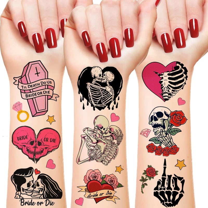 192 PCS Til Death Do Us Temporary Tattoos Stickers Gothic Halloween Sticker for Bridal Shower Supplies Bride or Die Bachelorette Party Decorations Gifts Ideal Prizes Valentine 16 Sheet