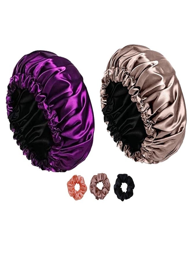 libea Satin Silk Bonnet for Hair with 3 Satin Scrunchies | Satin Bonnet for Curly Hair, Reversible Silk Hair Cap for Sleeping (purple, gold) pack of 2 - Image 1