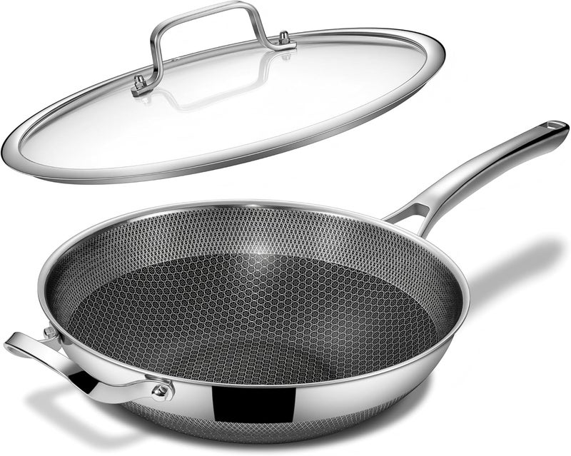 FGJ Wok pan,12 inch Hybrid Wok with Lid,PFOA Free Cookware,Non Stick Stainless Steel Woks & Stir-fry pans Nonstick, Dishwasher and Oven Safe, Works on Induction - Image 1