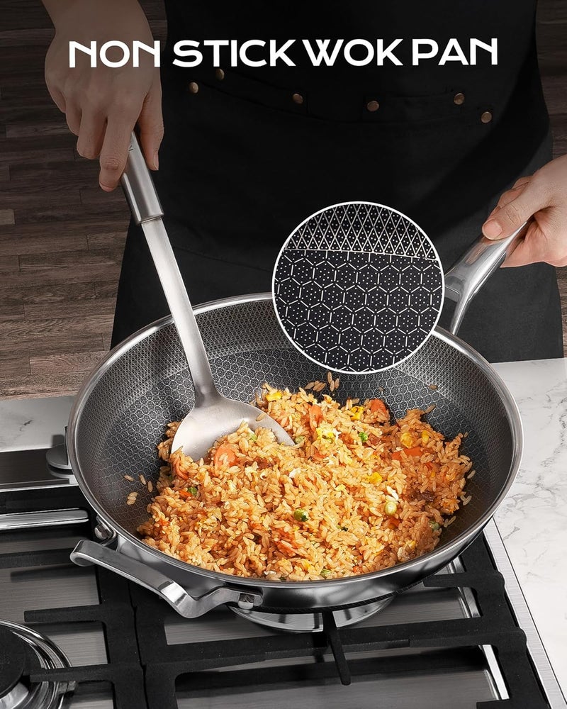FGJ Wok pan,12 inch Hybrid Wok with Lid,PFOA Free Cookware,Non Stick Stainless Steel Woks & Stir-fry pans Nonstick, Dishwasher and Oven Safe, Works on Induction - Image 3