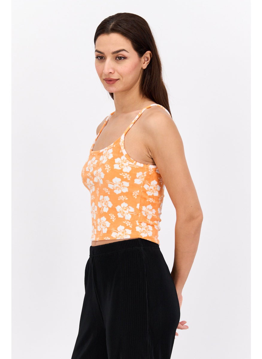 UNDIZ - Women U Neck Sleeveless Printed Top, Orange Combo - Image 1
