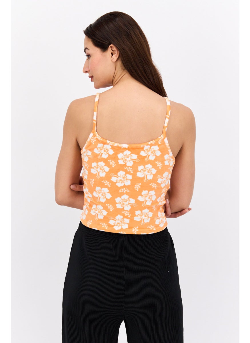 UNDIZ - Women U Neck Sleeveless Printed Top, Orange Combo - Image 1