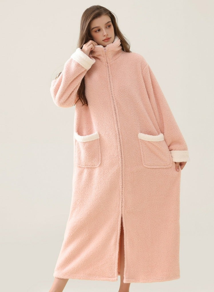 إسكدنيا النساء الشتاء طويلة سميكة زيبر لابل فستان ليلي مخملي رداء حمام بيجاما الوردي الفاتح - Image 1