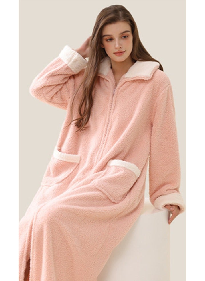 إسكدنيا النساء الشتاء طويلة سميكة زيبر لابل فستان ليلي مخملي رداء حمام بيجاما الوردي الفاتح - Image 2