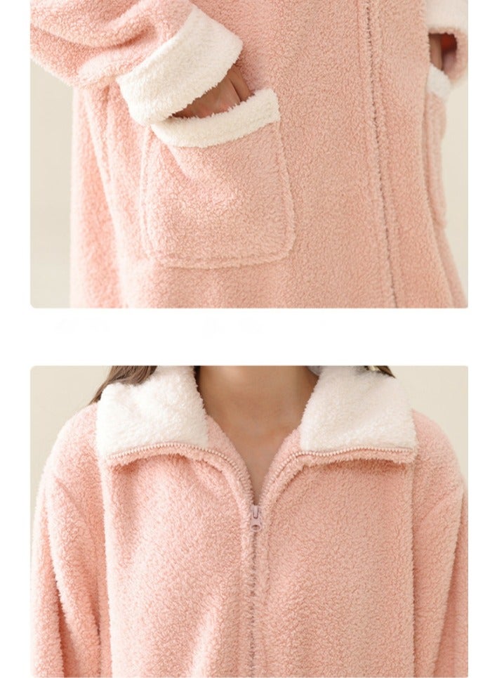 إسكدنيا النساء الشتاء طويلة سميكة زيبر لابل فستان ليلي مخملي رداء حمام بيجاما الوردي الفاتح - Image 3