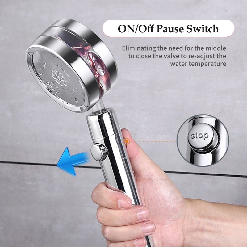 High-Pressure Showerhead: Silver Type 1 With 360° Rotatable Design - Turbo Fan Pressurizing Technology Double-Sided 2 Water Outlets On/Off Pause Switch For Bathroom Use - Image 4
