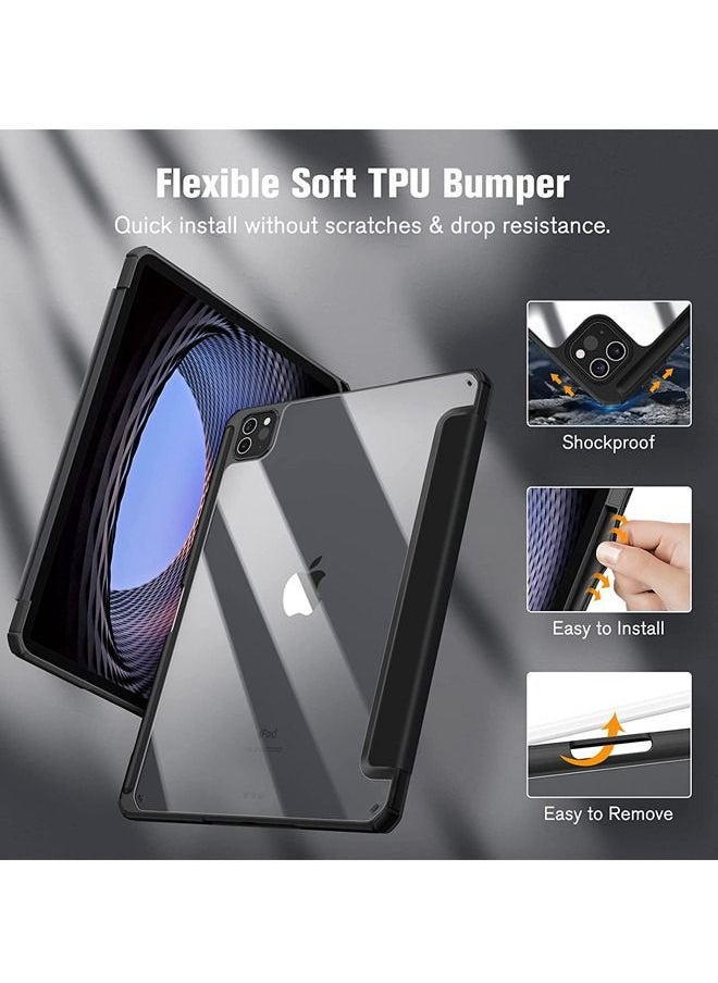 Rock Pow - Protective Case Cover For Apple iPad Pro 11 inch (2022/2021/2020/2018) Generation with Pencil Holder [Support Apple Pencil Charging and Touch ID] Clear Transparent Case with Auto Wake/Sleep Black - Image 1