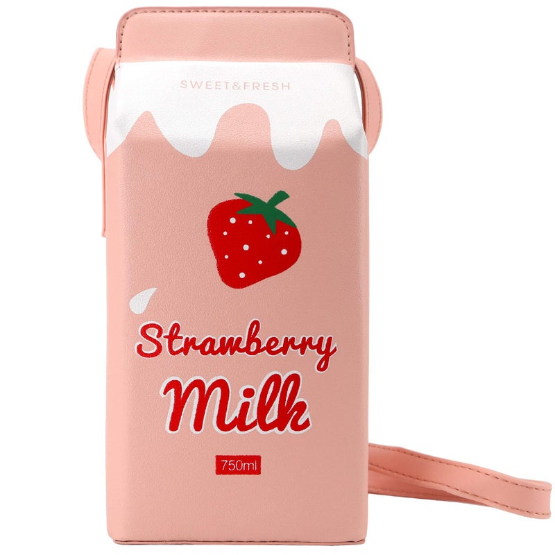 QiMing Strawberry Milk Box CrossBody Purse Bag,PU Phone Shoulder Wallet for Women Girl - Image 1