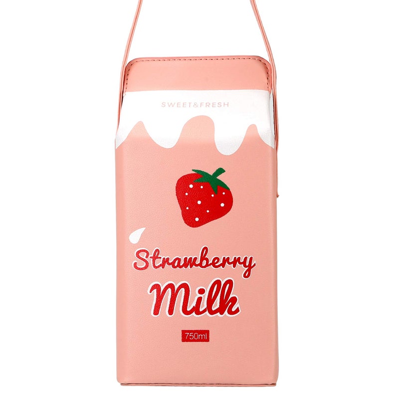 QiMing Strawberry Milk Box CrossBody Purse Bag,PU Phone Shoulder Wallet for Women Girl - Image 5