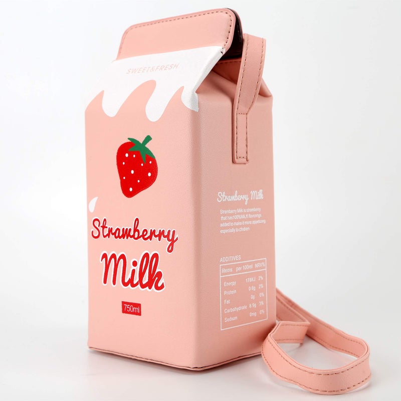 QiMing Strawberry Milk Box CrossBody Purse Bag,PU Phone Shoulder Wallet for Women Girl - Image 2