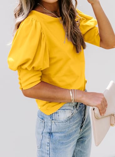 DOROSE Tops for Women Short Sleeve T Shirts Blouses Dressy Casual(Yellow, S) - Image 2