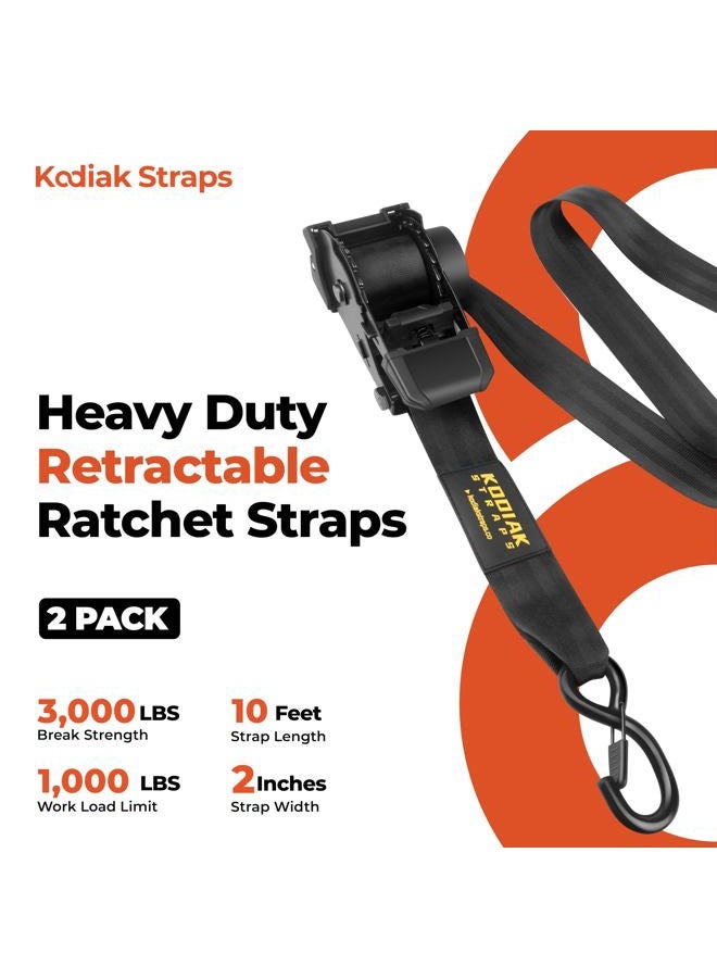 KODIAK STRAPS Retractable Ratchet Straps 2" x 10ft, 3,000lb Break Strength, Heavy Duty Easy Release Tie Down for Trucks, Trailers, Motorcycles, ATVs, Secure Cargo KODIAK STRAPS (2 Pack) - Image 1