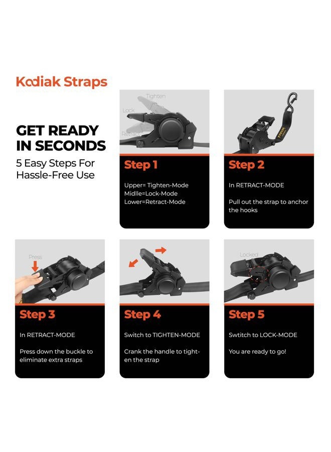 KODIAK STRAPS Retractable Ratchet Straps 2" x 10ft, 3,000lb Break Strength, Heavy Duty Easy Release Tie Down for Trucks, Trailers, Motorcycles, ATVs, Secure Cargo KODIAK STRAPS (2 Pack) - Image 5