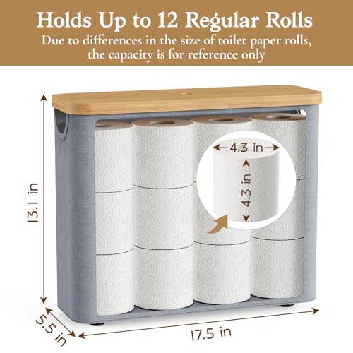 JOLLYIN Toilet Paper Storage Basket with Bamboo Lid, Toilet Paper Holder with Storage, Free Standing Bathroom Storage Organizers with Non-Slip Bottom, Grey 1 Pack - Image 2