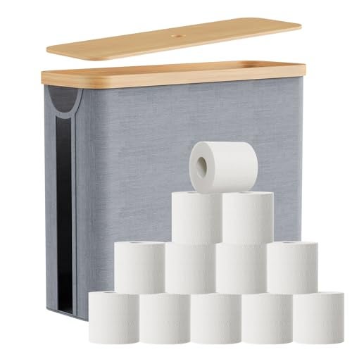 JOLLYIN Toilet Paper Storage Basket with Bamboo Lid, Toilet Paper Holder with Storage, Free Standing Bathroom Storage Organizers with Non-Slip Bottom, Grey 1 Pack - Image 1