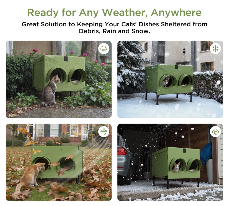 PELUOMOZ Outdoor Cat Feeding Station â€“ Waterproof Dining Shelter for Feral & Community Cats, Insulated Roof & Walls, Dual-Feed Hole Design, Connects to Cat House â€“ Green, 16"Ã—12"Ã—15.5" - Image 4