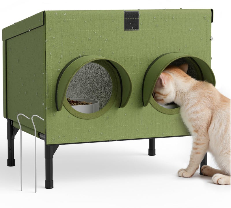 PELUOMOZ Outdoor Cat Feeding Station â€“ Waterproof Dining Shelter for Feral & Community Cats, Insulated Roof & Walls, Dual-Feed Hole Design, Connects to Cat House â€“ Green, 16"Ã—12"Ã—15.5" - Image 1