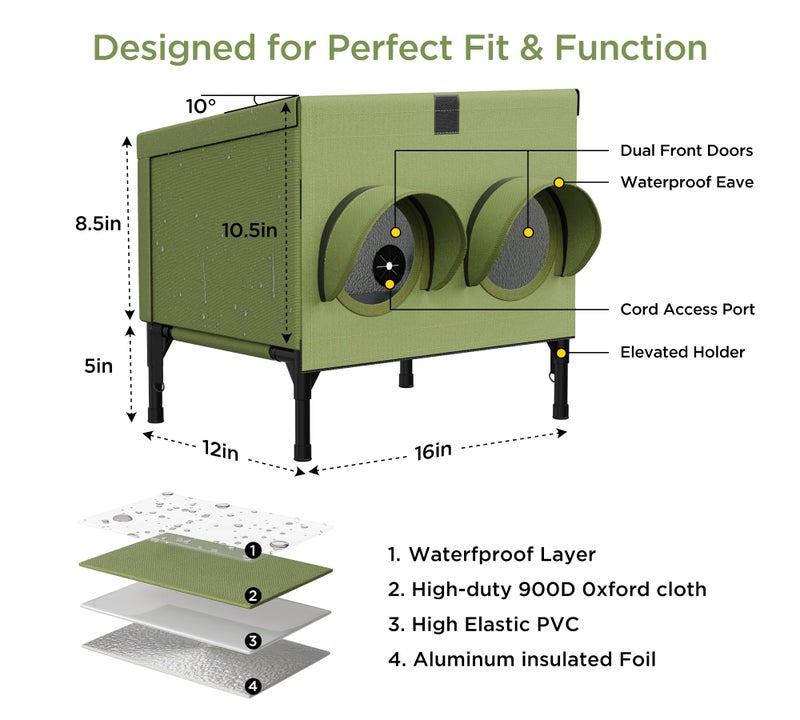 PELUOMOZ Outdoor Cat Feeding Station â€“ Waterproof Dining Shelter for Feral & Community Cats, Insulated Roof & Walls, Dual-Feed Hole Design, Connects to Cat House â€“ Green, 16"Ã—12"Ã—15.5" - Image 2