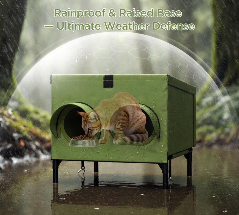 PELUOMOZ Outdoor Cat Feeding Station â€“ Waterproof Dining Shelter for Feral & Community Cats, Insulated Roof & Walls, Dual-Feed Hole Design, Connects to Cat House â€“ Green, 16"Ã—12"Ã—15.5" - Image 3