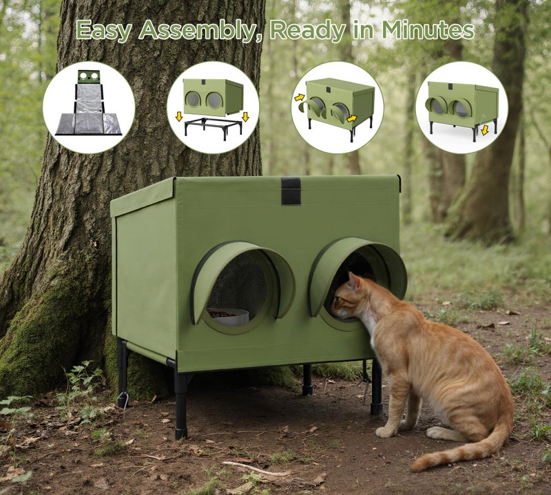 PELUOMOZ Outdoor Cat Feeding Station â€“ Waterproof Dining Shelter for Feral & Community Cats, Insulated Roof & Walls, Dual-Feed Hole Design, Connects to Cat House â€“ Green, 16"Ã—12"Ã—15.5" - Image 5