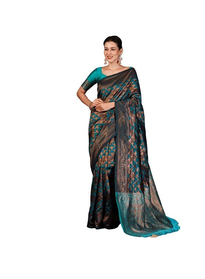 مملكة الإكسسوارات ساري كانجيفارام ناعم من باناراسي جاكار للنساء من مجموعة أكسسورايز كينجدوم مع قطعة بلوزة غير مخيطة - Image 1