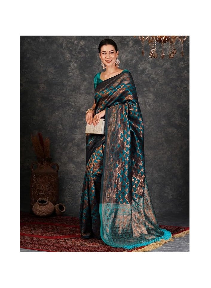 مملكة الإكسسوارات ساري كانجيفارام ناعم من باناراسي جاكار للنساء من مجموعة أكسسورايز كينجدوم مع قطعة بلوزة غير مخيطة - Image 2