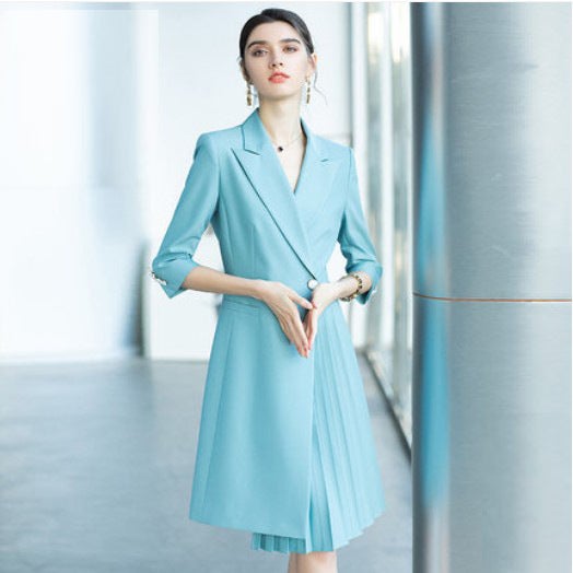 Fashionable temperament three-quarter sleeve professional dress design asymmetric pleated business wear womens dress work clothes spring and summer Blue 3/4 sleeve dress 