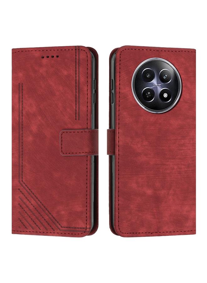 جرين تايجر جراب هاتف جلدي بنمط مخطط لهاتف Realme 12 مع حزام (أحمر)