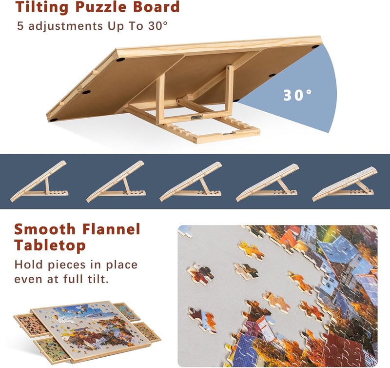Becko US 1000-Pc Tilting Puzzle Board with 4 Drawers & Cover, Adjustable Jigsaw Puzzle Table with Built-in Easel/Stand, Portable Boards with Puzzles Storage for Adults, with Premium Flannel Tabletop - Image 2