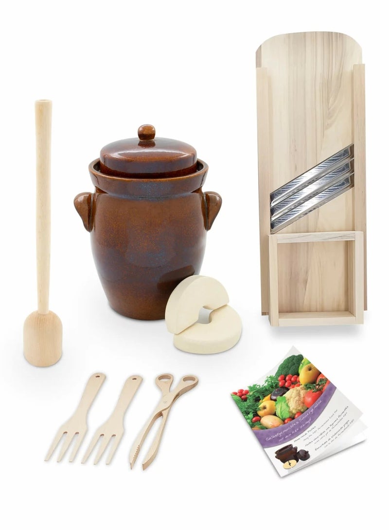 Tabchilli Kerazo Fermentation Crock 5L Set With Accessories, K&K Fermentation Pot With Pair Of Weighting Stones, A Sturdy Beechwood Cabbage Masher, Pair Of Cabbage Tongs, And Brochure, All-in-One Fermentation Set For Fermenting Healthy Food - Image 1