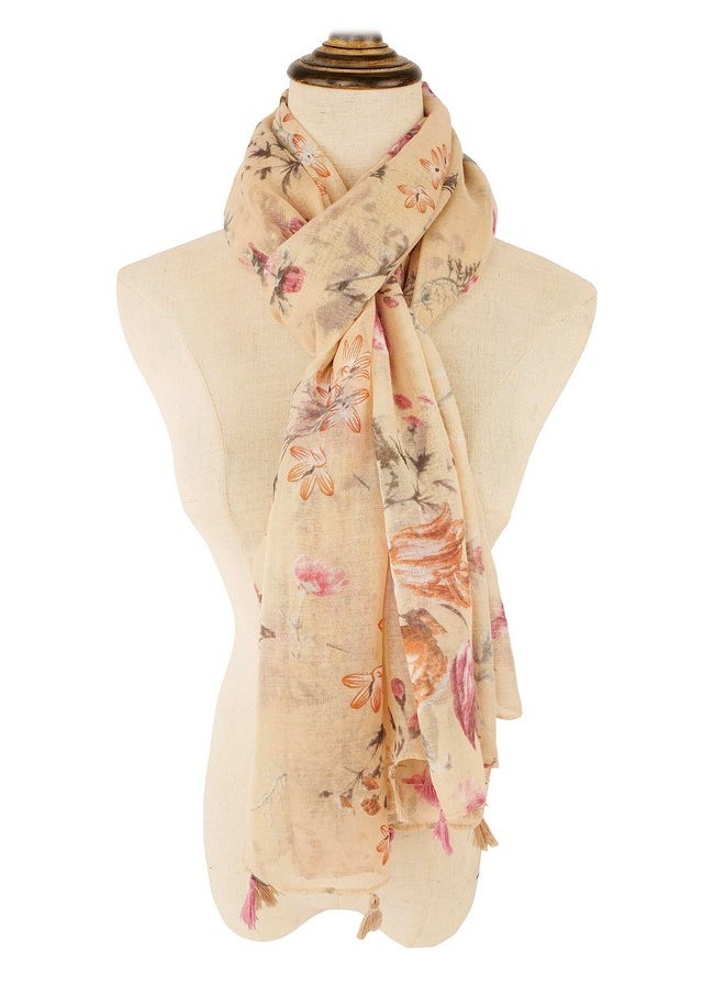 YOUR SMILE - Large Boho Scarf For Women Lightweight Floral Printed Scarves Fall Winter Fashion Fringed Shawl Wraps (14 Beige Flower) - Image 1