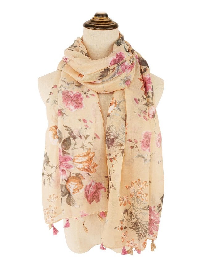 YOUR SMILE - Large Boho Scarf For Women Lightweight Floral Printed Scarves Fall Winter Fashion Fringed Shawl Wraps (14 Beige Flower) - Image 1