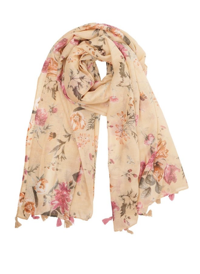 YOUR SMILE - Large Boho Scarf For Women Lightweight Floral Printed Scarves Fall Winter Fashion Fringed Shawl Wraps (14 Beige Flower) - Image 1