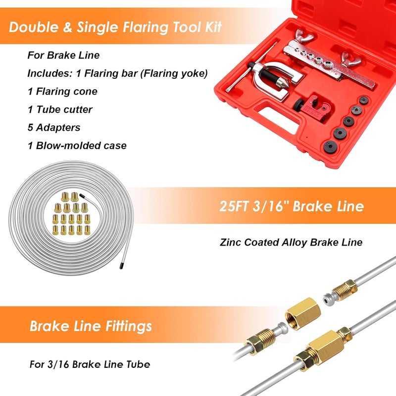 Eoppen 25 ft 3/16" Zinc Coated Alloy Brake Line Tubing Kit(Includes 24 Fittings and 4 Unions) with Tube Bender and Double & Single Flaring Tool Kit - Image 2