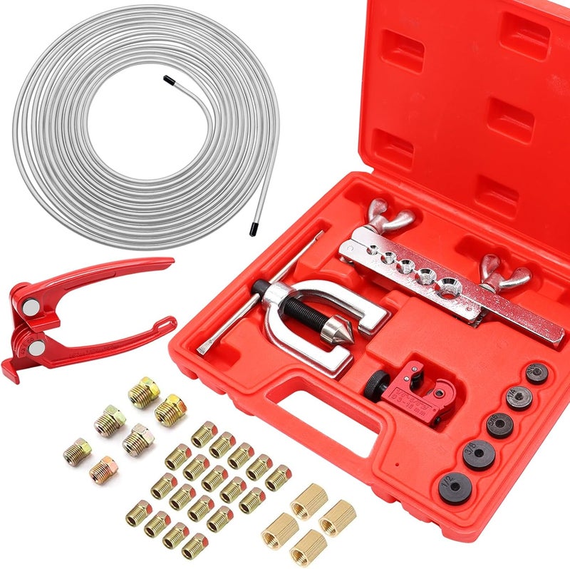 Eoppen 25 ft 3/16" Zinc Coated Alloy Brake Line Tubing Kit(Includes 24 Fittings and 4 Unions) with Tube Bender and Double & Single Flaring Tool Kit - Image 1