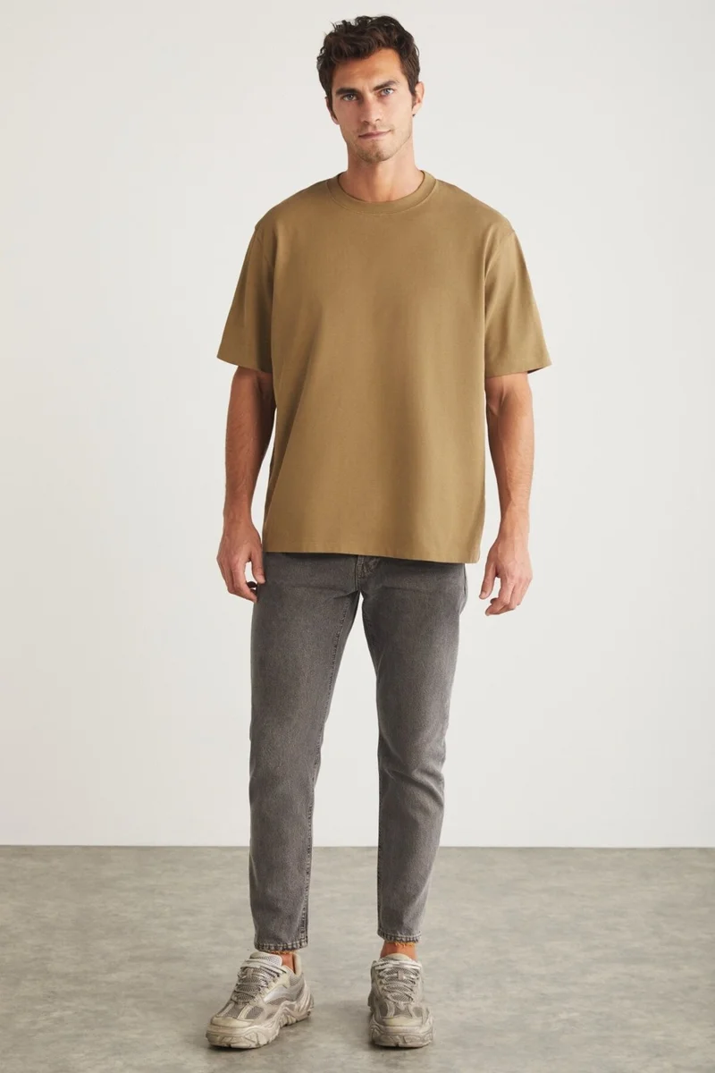 جريميلانج Blas Men's Basic Oversize 100% Cotton Organic Cotton Knitted Crew Neck Camel T-shirt