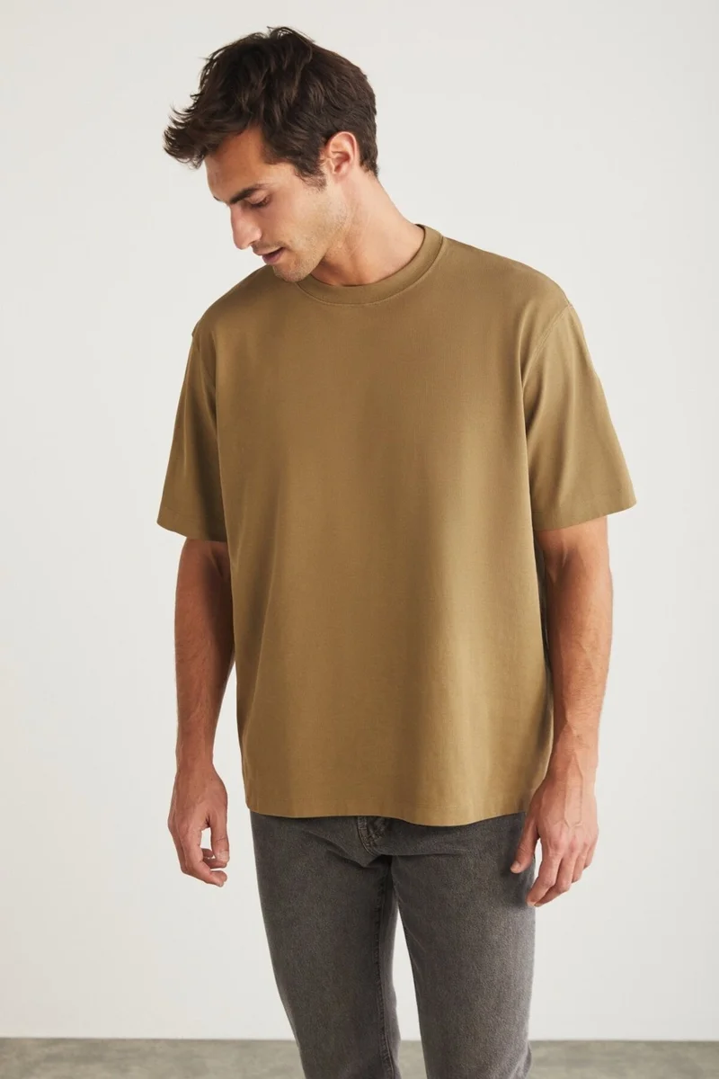 جريميلانج Blas Men's Basic Oversize 100% Cotton Organic Cotton Knitted Crew Neck Camel T-shirt