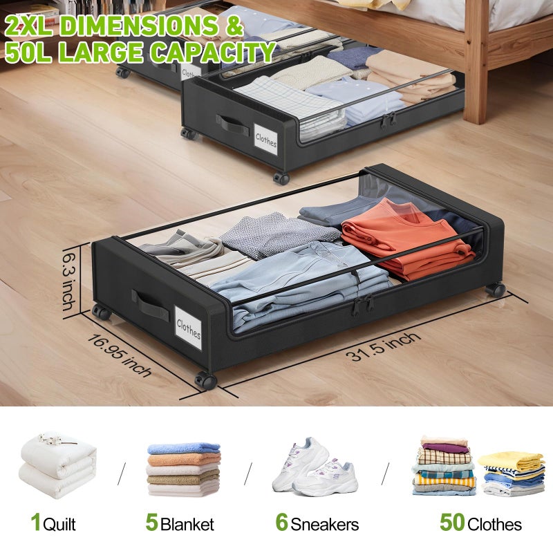 Molutsody Under Bed Storage with Wheels, 4-Pack Underbed Storage Containers with Clear Lids, Under Bed Shoe Storage Organizer, Rolling Under Bed Storage for Clothes Shoes Blankets (Black) - Image 2