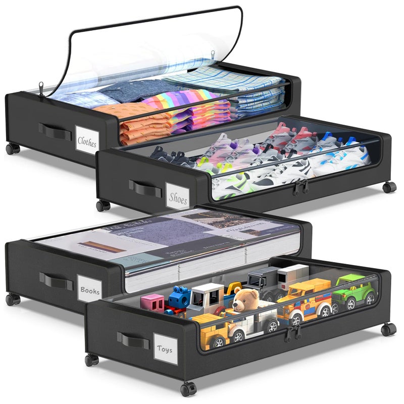 Molutsody Under Bed Storage with Wheels, 4-Pack Underbed Storage Containers with Clear Lids, Under Bed Shoe Storage Organizer, Rolling Under Bed Storage for Clothes Shoes Blankets (Black) - Image 1