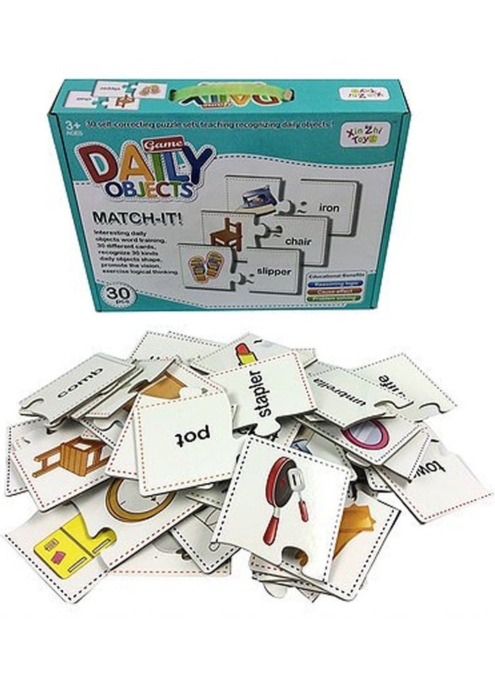 صندوق العاب أحجية الصور المقطوعة ممتعة مع الأشياء اليومية والأشكال والتدريب على الكلمات، 30 قطعة من الألغاز للأطفال - Image 2