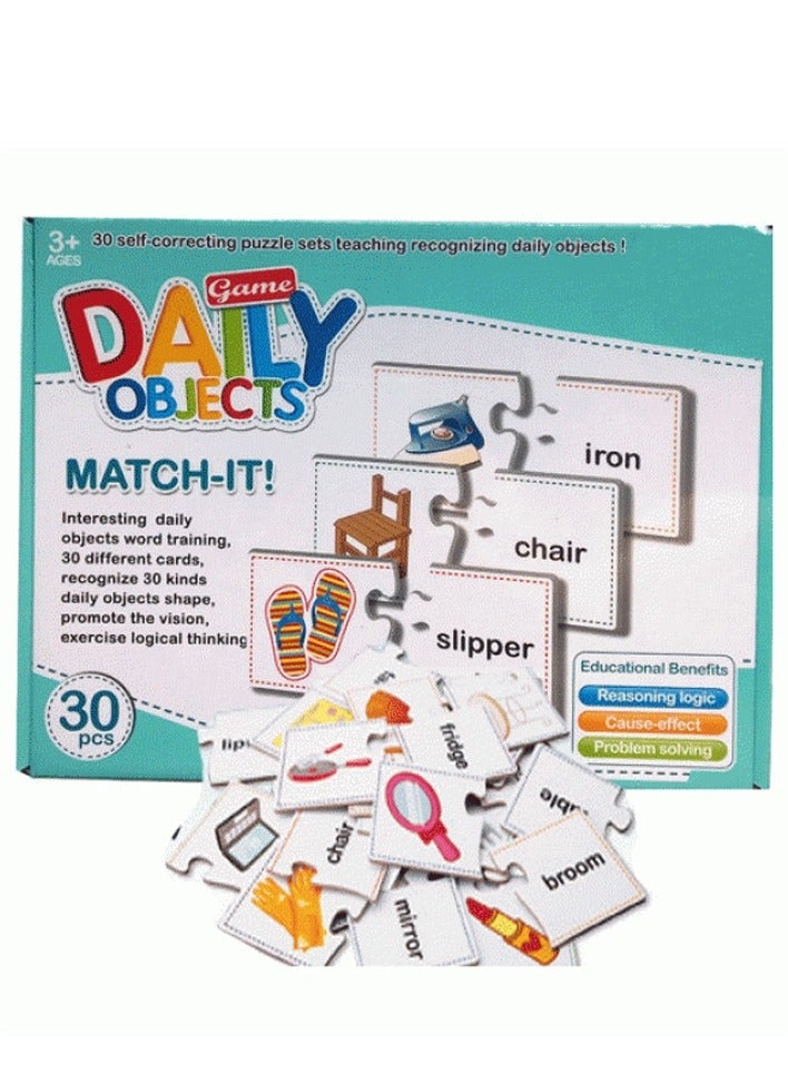 صندوق العاب أحجية الصور المقطوعة ممتعة مع الأشياء اليومية والأشكال والتدريب على الكلمات، 30 قطعة من الألغاز للأطفال - Image 3